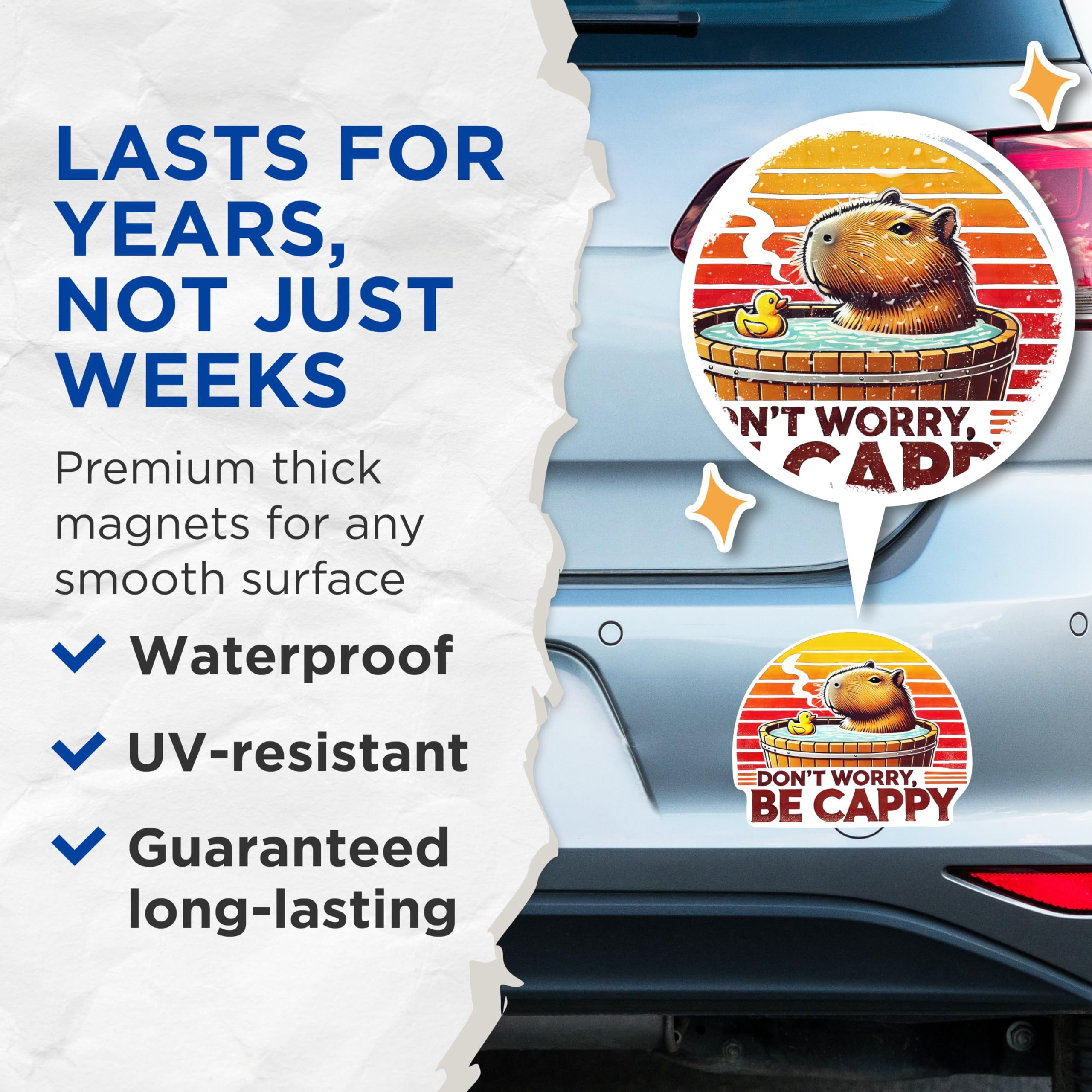 (2 Pack) Don't Worry, Be Cappy Magnets - Funny Capybara Magnet - 5 Inches On Longest Side - Premium Magnet - for Cars, Refrigerators, Toolboxes - Made in USA - MAG2070