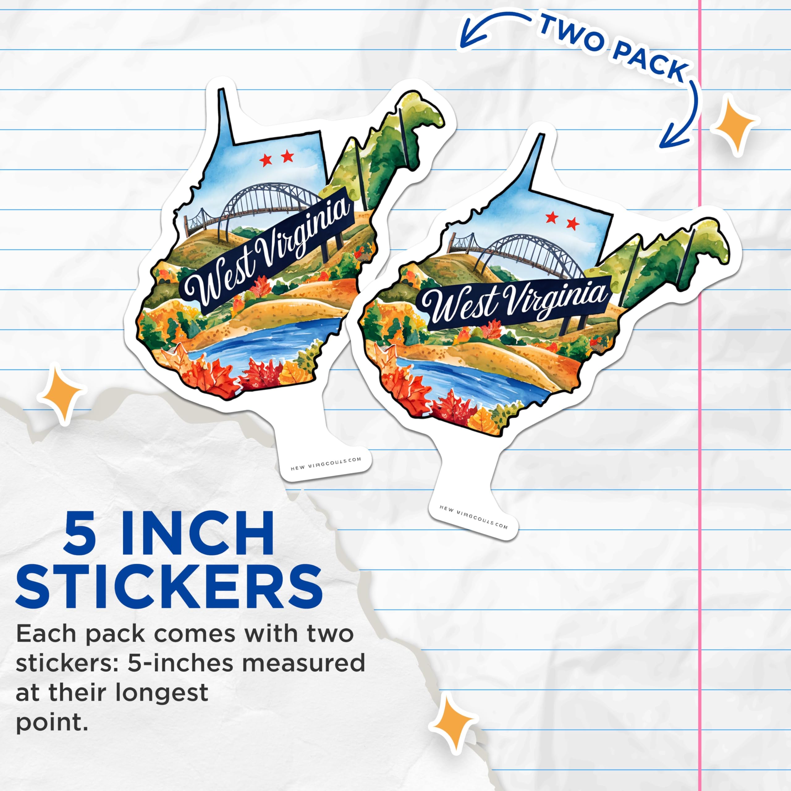 (2 Pack) West Virginia State Stickers - Travel Souvenir - Scenic Outdoors - Nature Lovers - 5" On Longest Side - Sticks to Smooth Flat Surfaces - Made in USA - BMCS6308