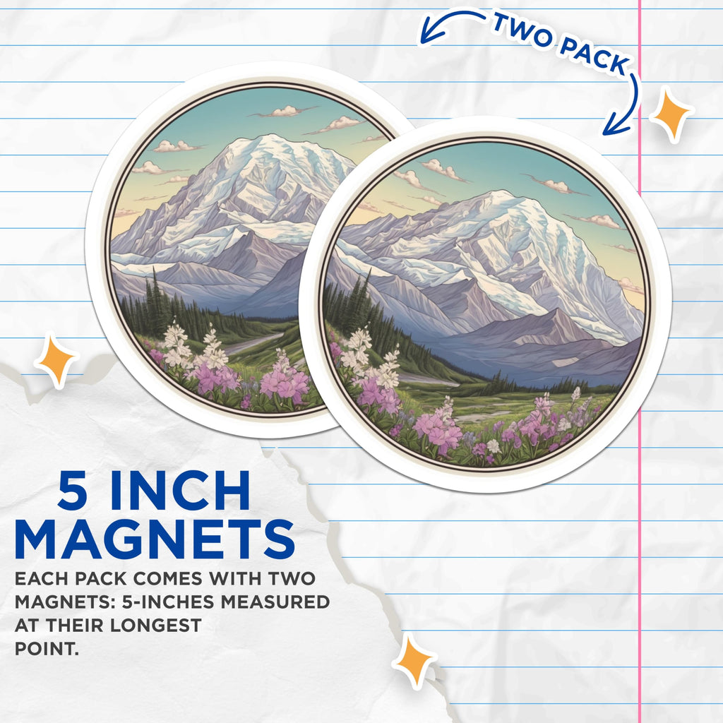 (2 Pack) Mountain Scene Magnets - Snowy Peak Art - Floral Valley Fridge Magnets - 5" On Longest Side - Premium Magnet - for Cars, Refrigerators, Toolboxes, Lockers - Made in USA - MAG17293