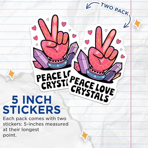 (2 Pack) Peace Love Crystals Stickers - Spiritual Healing - Boho Vibe - Meditation Decor - 5" On Longest Side - Sticks to Smooth Flat Surfaces - Made in USA - BMCS6432