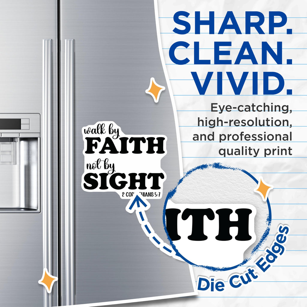(2 Pack) Walk By Faith Not By Sight Magnets - 2 Corinthians 5:7 Quote - Christian Religious Decor - 5 Inches On Longest Side - Thick Durable Magnet - Made in USA - MAG29615