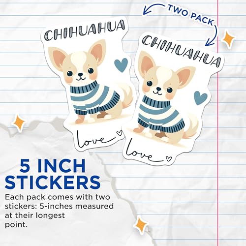 (2 Pack) Chihuahua Love Stickers - Cute Dog Cartoon Art - Pet Lovers Decal - 5" On Longest Side - Sticks to Smooth Flat Surfaces - Made in USA - BMCS7296