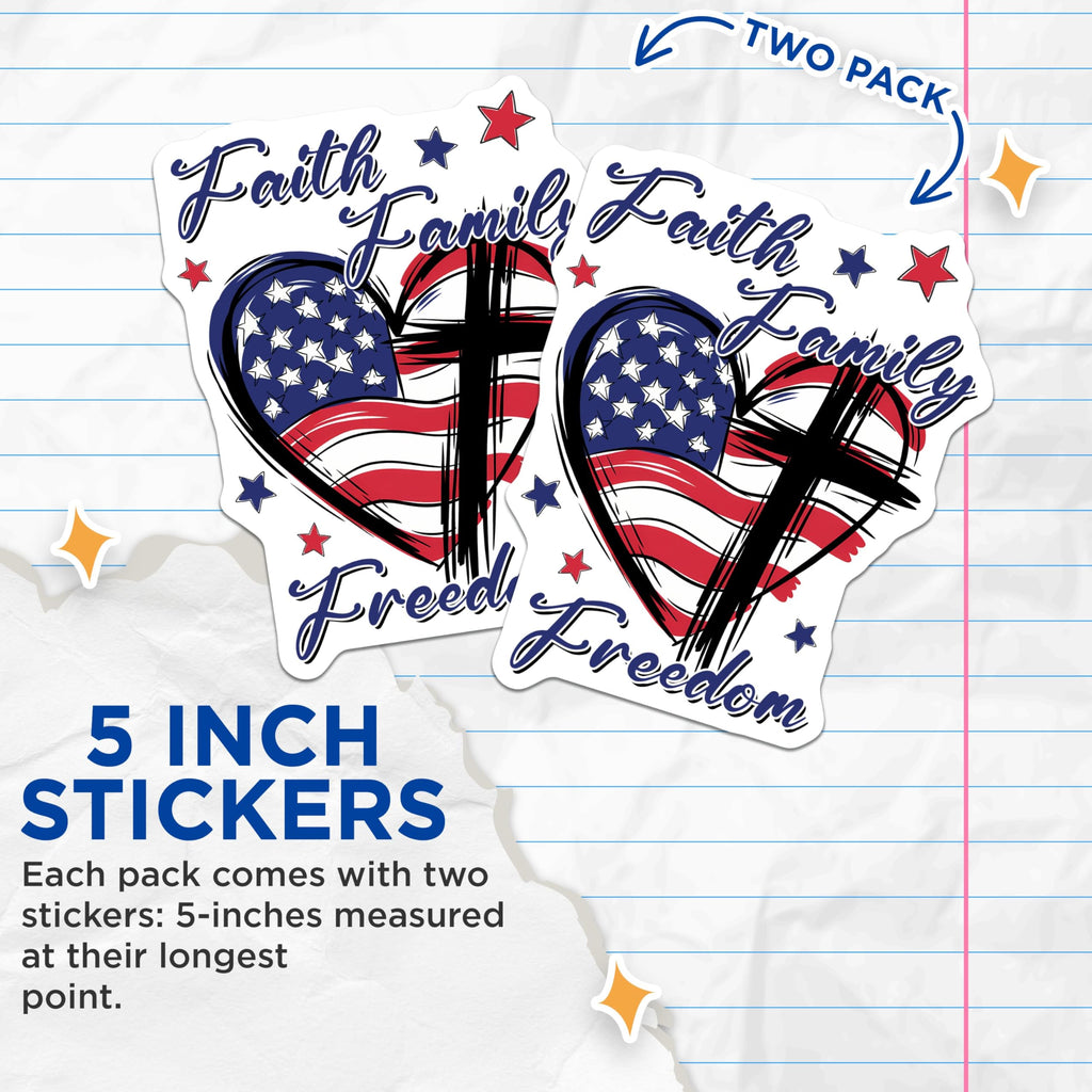 (2 Pack) Patriotic Heart Stickers - American Flag Stars - Faith Family Freedom - 5" On Longest Side - Sticks to Smooth Flat Surfaces - Made in USA - BMCS8372