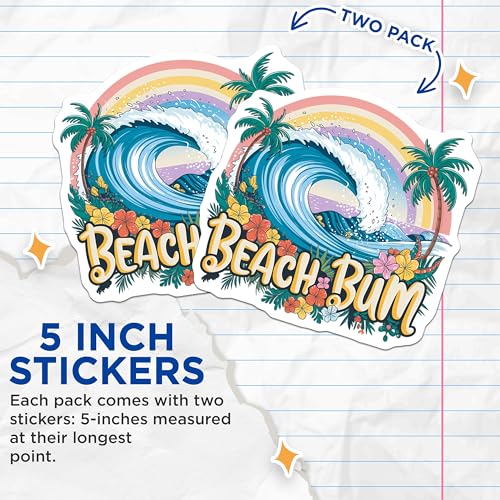 (2 Pack) Beach Bum Stickers - Surf Wave Sticker - Summer Beach Vibes - 5" On Longest Side - Sticks to Smooth Flat Surfaces - Made in USA - BMCS9591