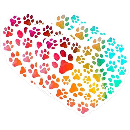 (3 Pack) Paw Print Heart Decals - Dog Cat Pet Lover - Colorful Watercolor Art - 3 Inches On Longest Side - Easy Peel & Apply - Made in USA - 3MCS2176