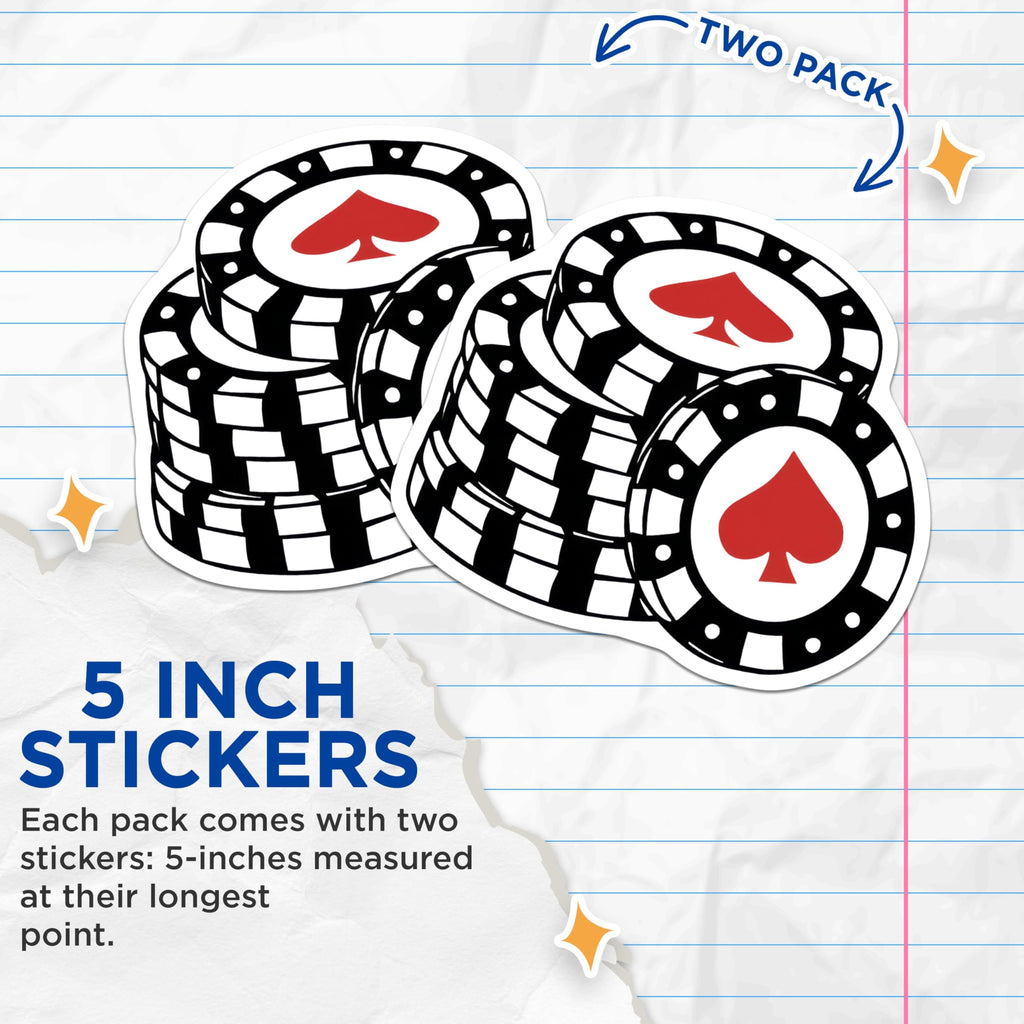 (2 Pack) Poker Chip Stickers - Casino Theme - Red Spade Design Stickers - 5" On Longest Side - Sticks to Smooth Flat Surfaces - Made in USA - BMCS7004