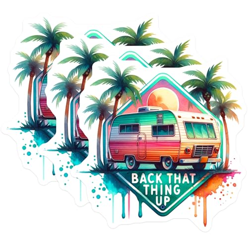(3 Pack) Retro Camper Decals - Back That Thing Up - Tropical Decals- 3 Inches On Longest Side - Easy Peel & Apply - Made in USA - 3MCS5649