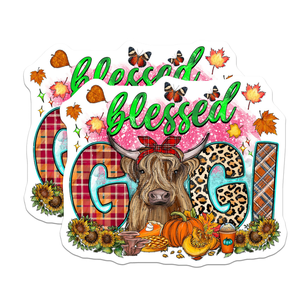 (2 Pack) Gigi Blessed Highland Cow Magnets - Autumn Farmhouse Decor - Fall Grandparent Gift - 5 Inches On Longest Side - Thick Durable Magnet - Made in USA - MAG26897
