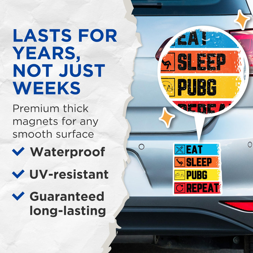 (2 Pack) PUBG Magnets - Eat Sleep Game Repeat - Player Refrigerator Decor - 5 Inches On Longest Side - Thick Durable Magnet - Made in USA - MAG20577