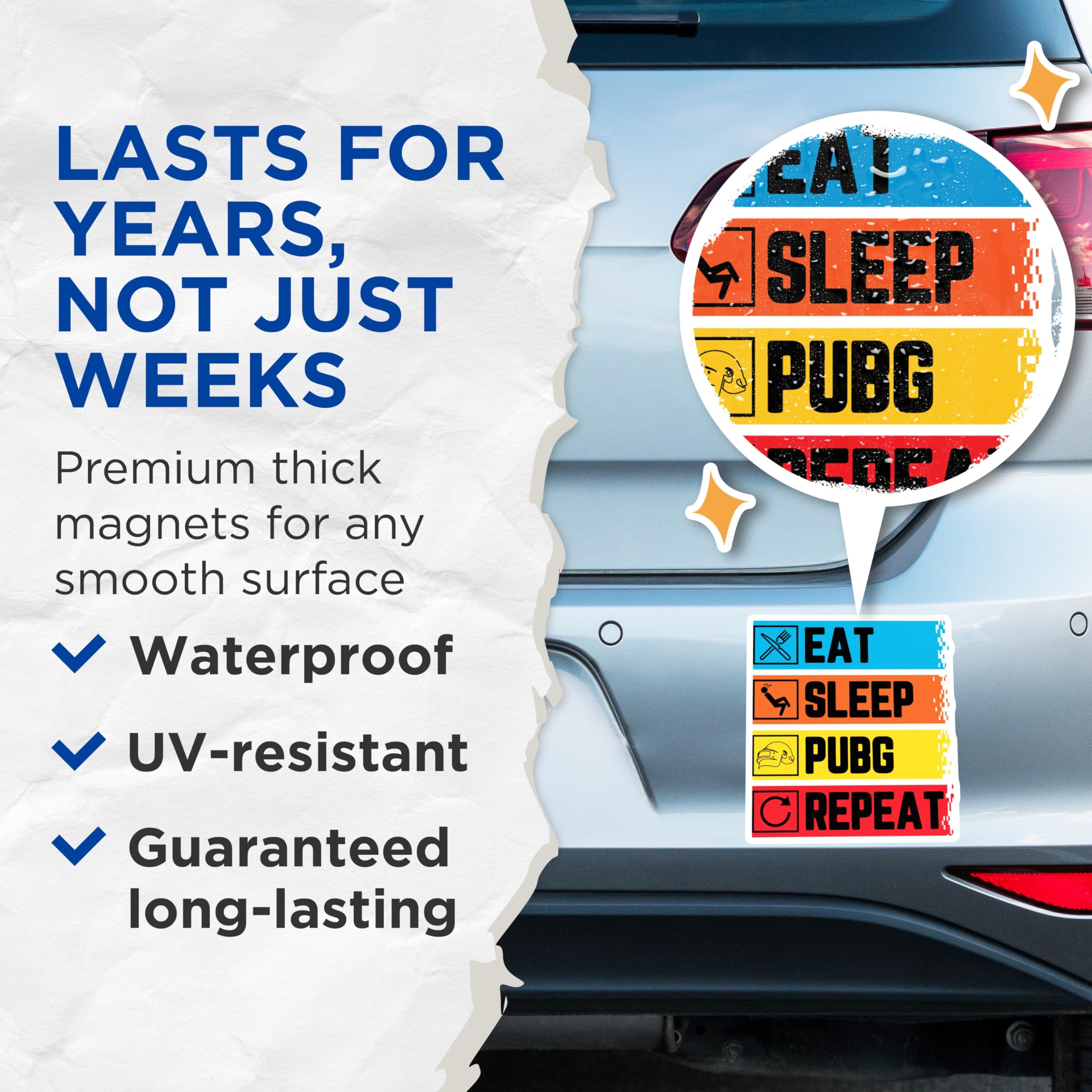 (2 Pack) PUBG Magnets - Eat Sleep Game Repeat - Player Refrigerator Decor - 5 Inches On Longest Side - Thick Durable Magnet - Made in USA - MAG20577