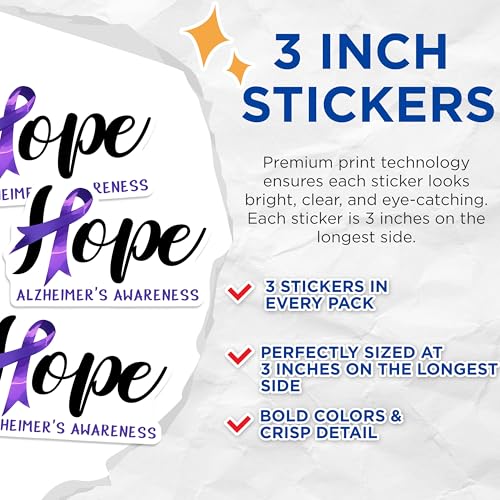 (3 Pack) Alzheimers Hope Decals - Purple Ribbon Decals - Awareness Ribbon - 3 Inches On Longest Side - Easy Peel & Apply - Made in USA - 3MCS8560