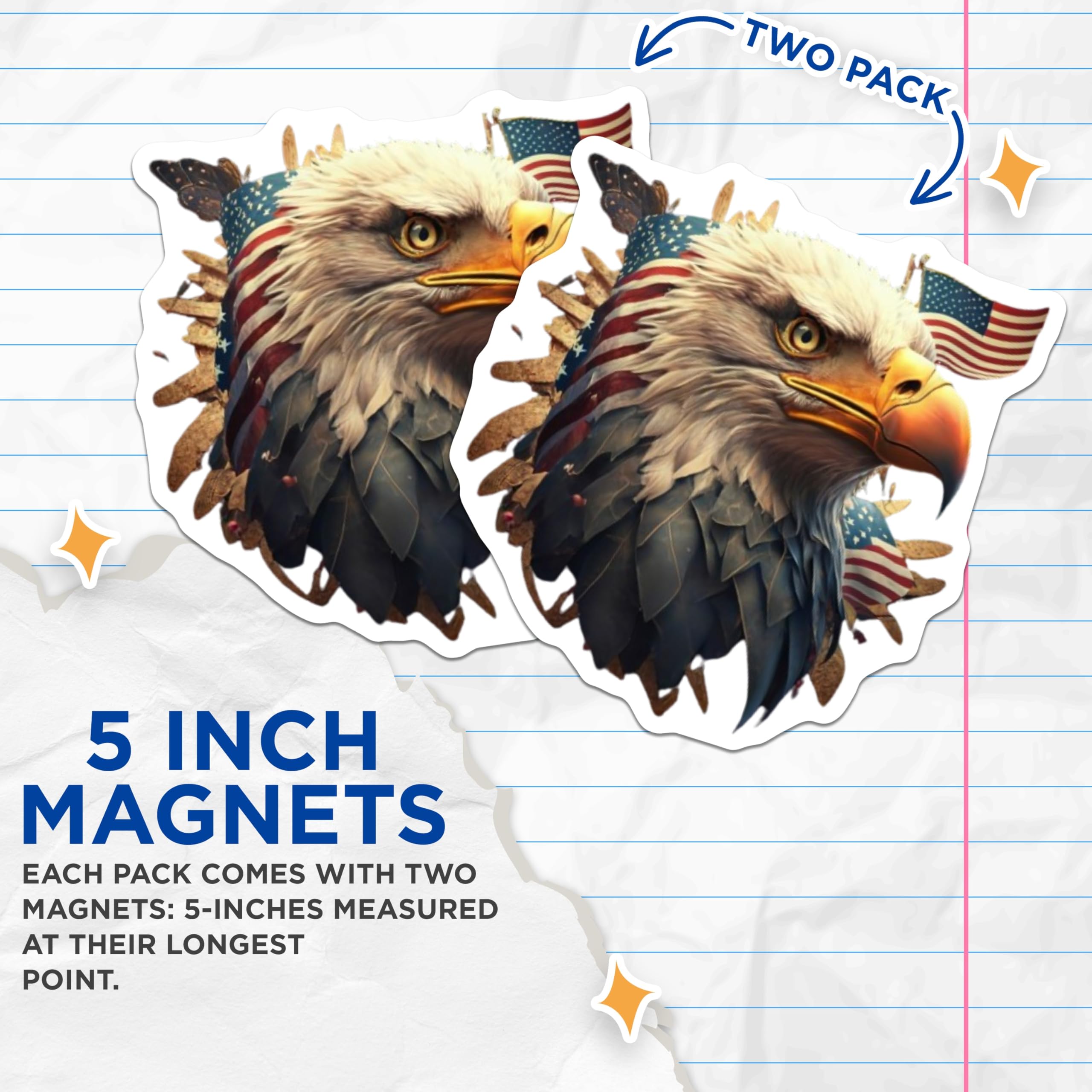 (2 Pack) Patriotic Eagle Head Magnets - American Flag Design Decor - USA National Emblem - Freedom Symbol - 5 Inches On Longest Side - Thick Durable Magnet - Made in USA - MAG21950