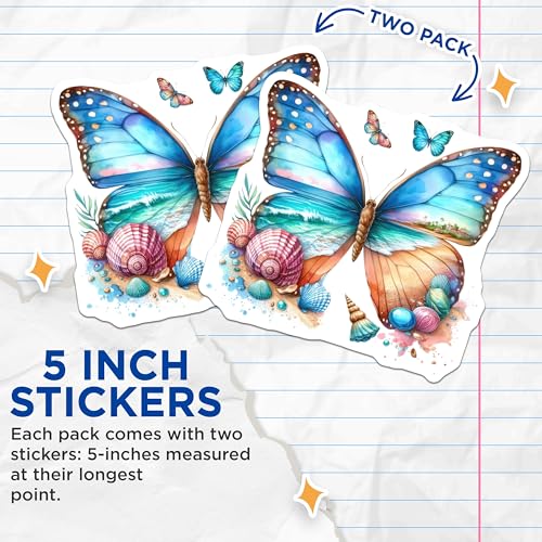(2 Pack) Butterfly Beach Stickers - Ocean Shells - Coastal Decor - 5" On Longest Side - Sticks to Smooth Flat Surfaces - Made in USA - BMCS6458