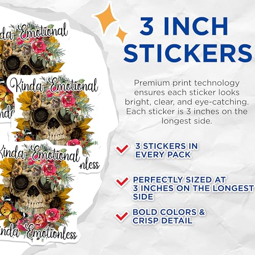 (3 Pack) Kinda Emotional Kinda Emotionless Decals - Floral Skull Butterfly - Laptop Decal - 3 Inches On Longest Side - Easy Peel & Apply - Made in USA - 3MCS4468