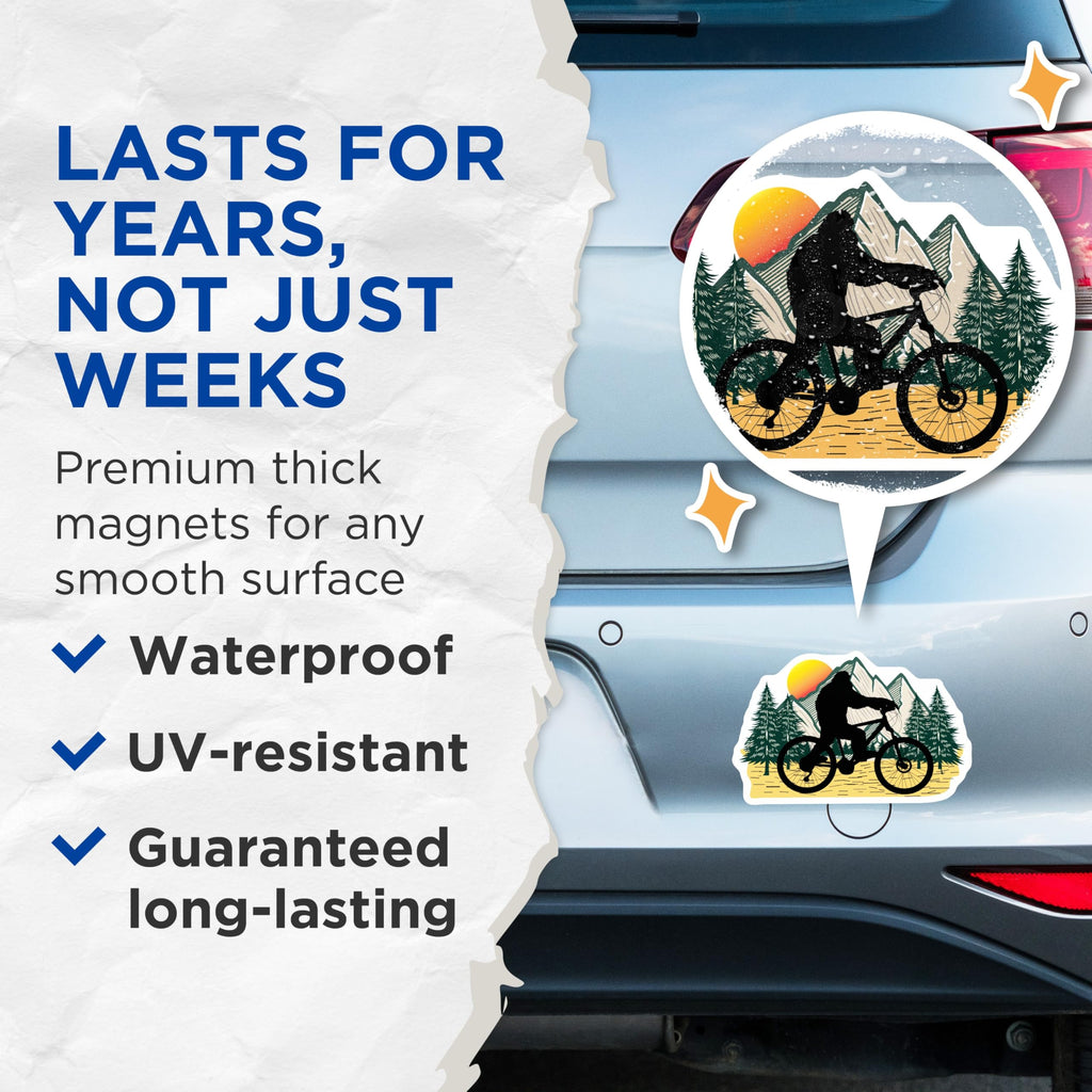(2 Pack) Bigfoot Mountain Biking Magnets - Sasquatch Cycling Decor - Outdoor Adventure Folklore - 5 Inches On Longest Side - Thick Durable Magnet - Made in USA - MAG20949