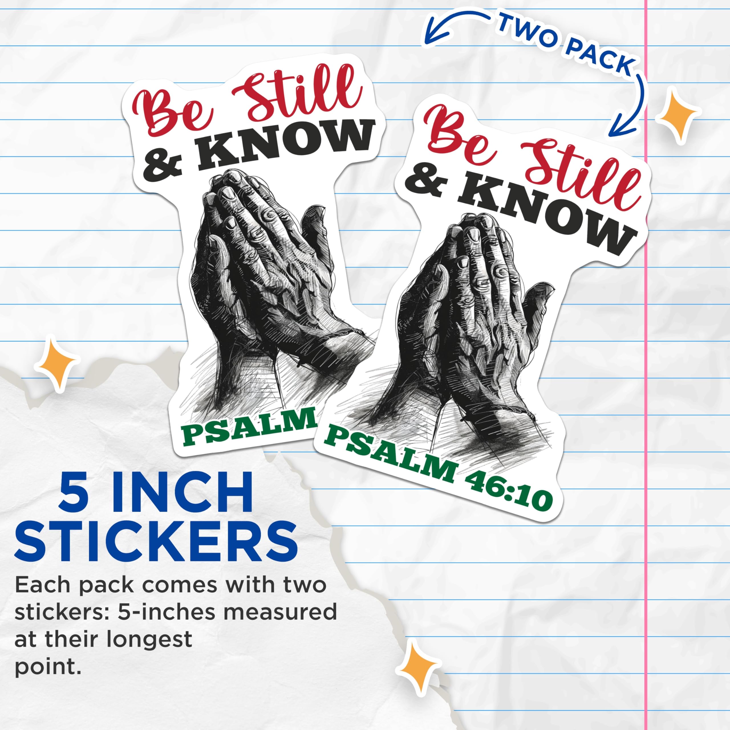 (2 Pack) Psalm 46 10 Stickers - Religious Stickers - Praying Hands Art- 5" On Longest Side - Sticks to Smooth Flat Surfaces - Made in USA - BMCS16693