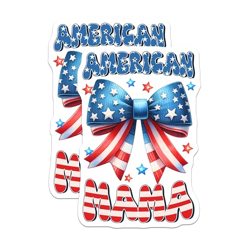 (2 Pack) American Mama Stickers - Patriotic Bow Design - Fourth of July Decor - 5" On Longest Side - Sticks to Smooth Flat Surfaces - Made in USA - BMCS7437