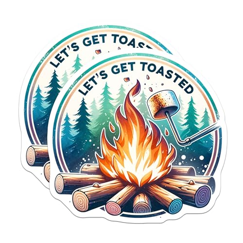 (2 Pack) Lets Get Toasted Stickers - Camping Fire - Campfire Fun - 5" On Longest Side - Sticks to Smooth Flat Surfaces - Made in USA - BMCS7023