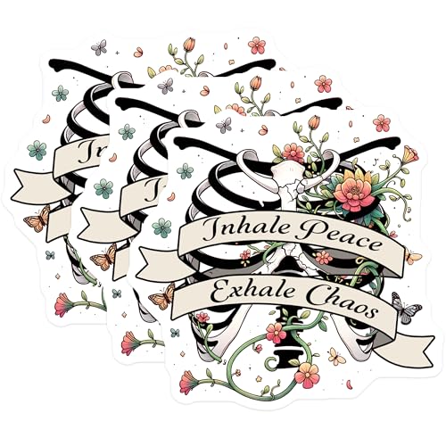 (3 Pack) Floral Skeleton Decals - Inhale Peace Exhale Chaos - Laptop Decal - 3 Inches On Longest Side - Easy Peel & Apply - Made in USA - 3MCS6156