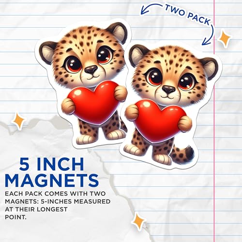 (2 Pack) Cute Animal Magnets - Cheetah Holding Heart - Refrigerator - Office and Locker Accessories - 5" On Longest Side - for Cars, Fridges, Toolboxes - Made in USA - MAG3645