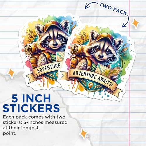 (2 Pack) Adventure Awaits Stickers - Cute Raccoon Traveling Stickers - Exploration and Travel Enthusiast Stickers - 5" On Longest Side - Sticks to Smooth Flat Surfaces - Made in USA - BMCS4534