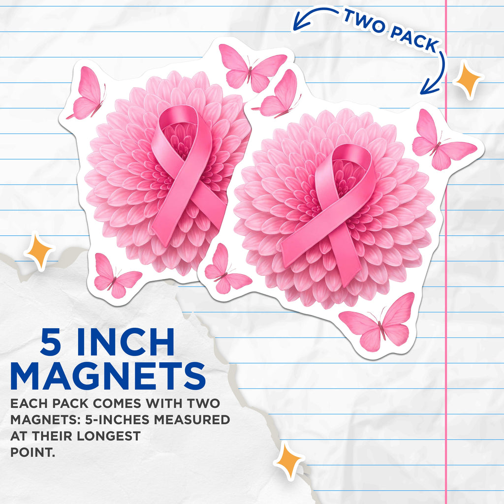 (2 Pack) Breast Cancer Awareness Magnets - Pink Ribbon Support - Floral Butterfly Hope Decor - 5 Inches On Longest Side - Thick Durable Magnet - Made in USA - MAG39322