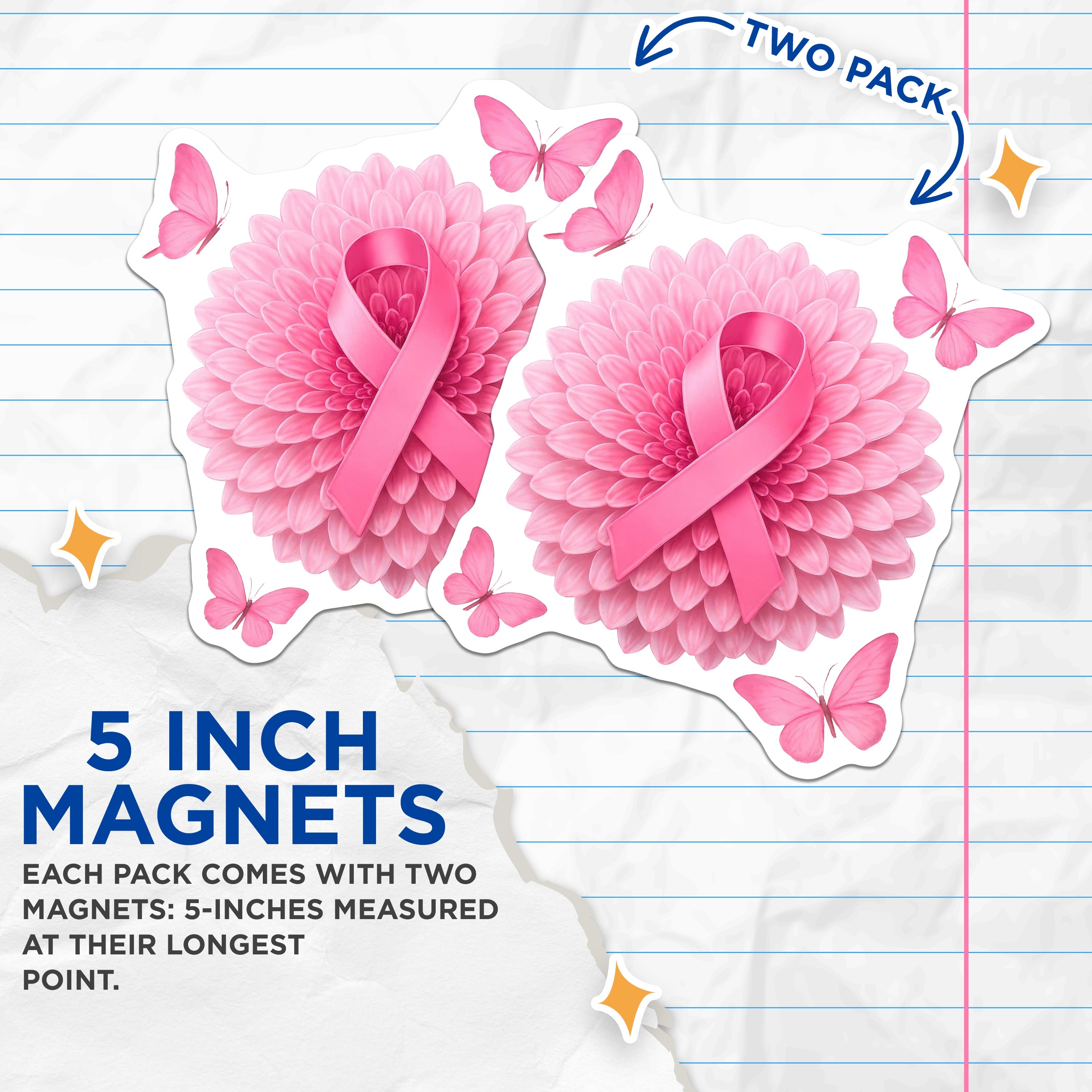 (2 Pack) Breast Cancer Awareness Magnets - Pink Ribbon Support - Floral Butterfly Hope Decor - 5 Inches On Longest Side - Thick Durable Magnet - Made in USA - MAG39322