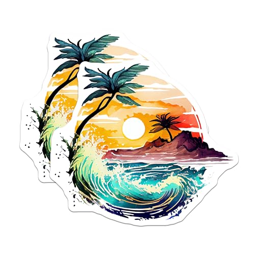 (2 Pack) Beach Sunset Stickers - Tropical Island - Ocean Waves - 5" On Longest Side - Sticks to Smooth Flat Surfaces - Made in USA - BMCS9269