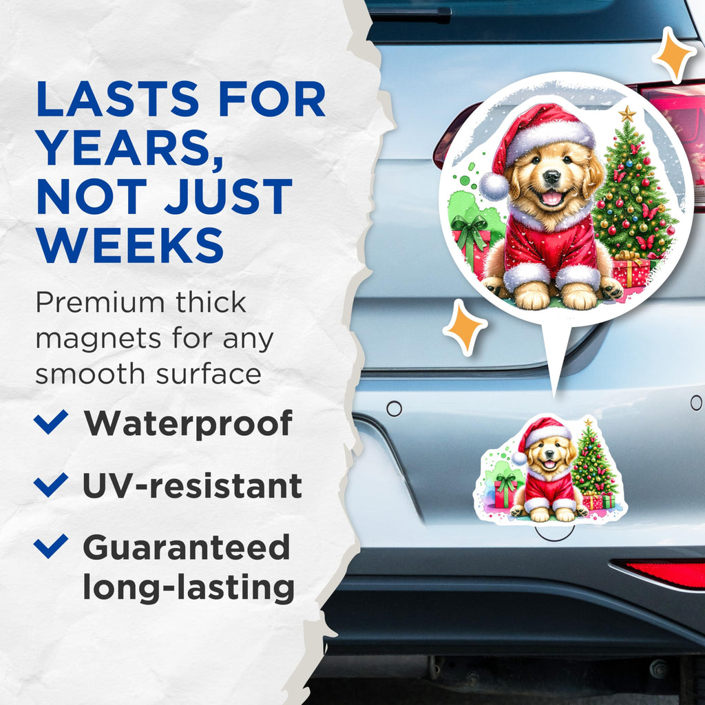 (2 Pack) Golden Retriever Christmas Magnets - Santa Puppy Decor - Holiday Dog Lover Refrigerator - 5 Inches On Longest Side - Thick Durable Magnet - Made in USA - MAG29120