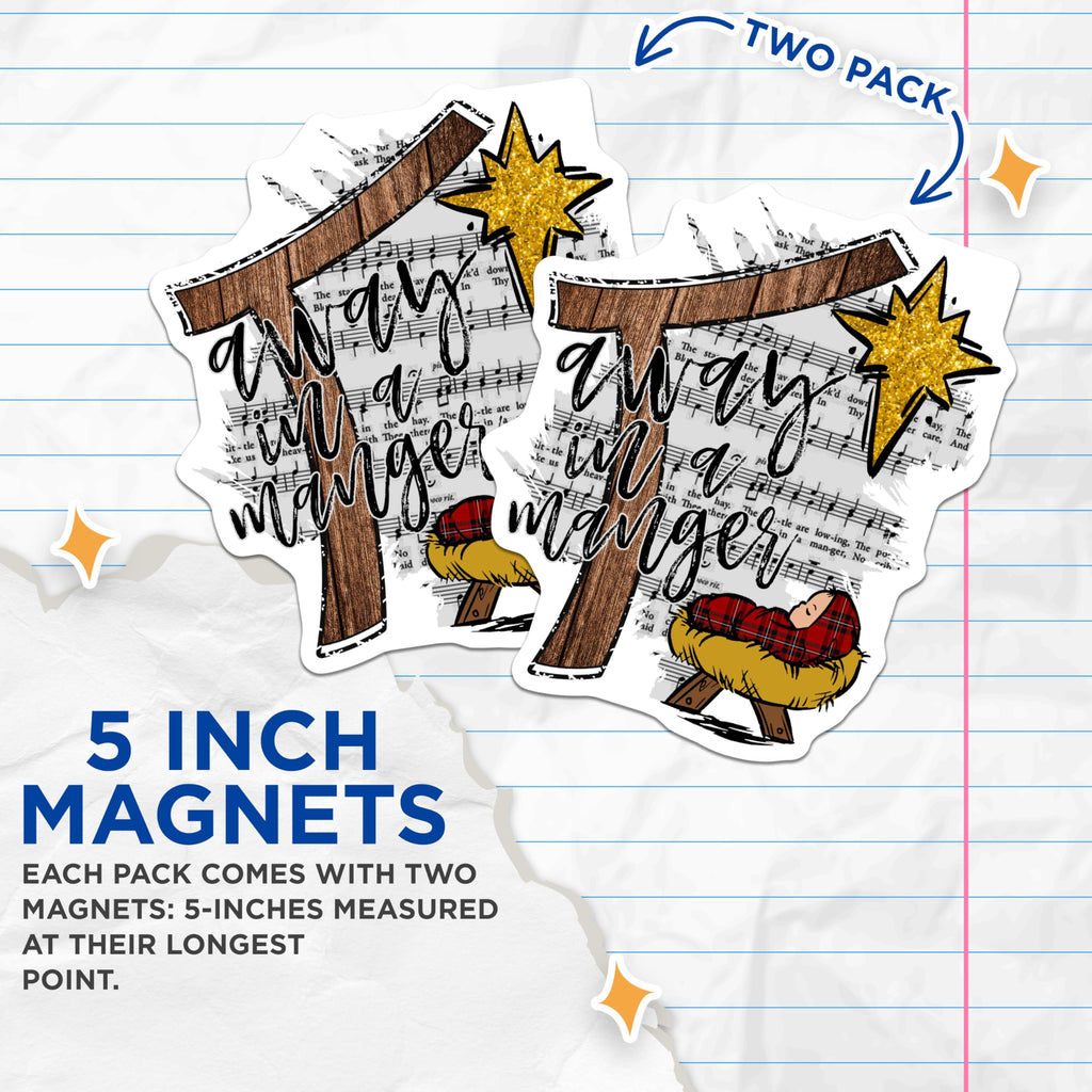 (2 Pack) Away in A Manger Magnets - Nativity Scene Christmas Decor - Christian Faith Holiday Fridge Magnet - 5 Inches On Longest Side - Thick Durable Magnet - Made in USA - MAG26750