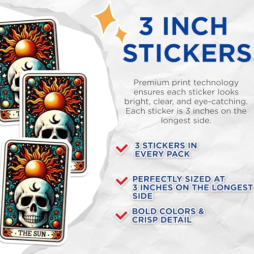 (3 Pack) The Sun Tarot Card Decals - Skull Laptop Decals - Celestial Gothic Decor - 3 Inches On Longest Side - Easy Peel & Apply - Made in USA - 3MCS4273