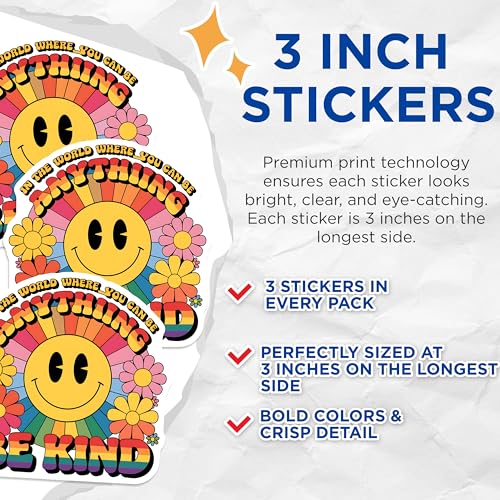 (3 Pack) Retro Smiley Face Decals - Rainbow Kindness Quote - 70s Inspired Laptop Decals - 3 Inches On Longest Side - Easy Peel & Apply - Made in USA - 3MCS2673