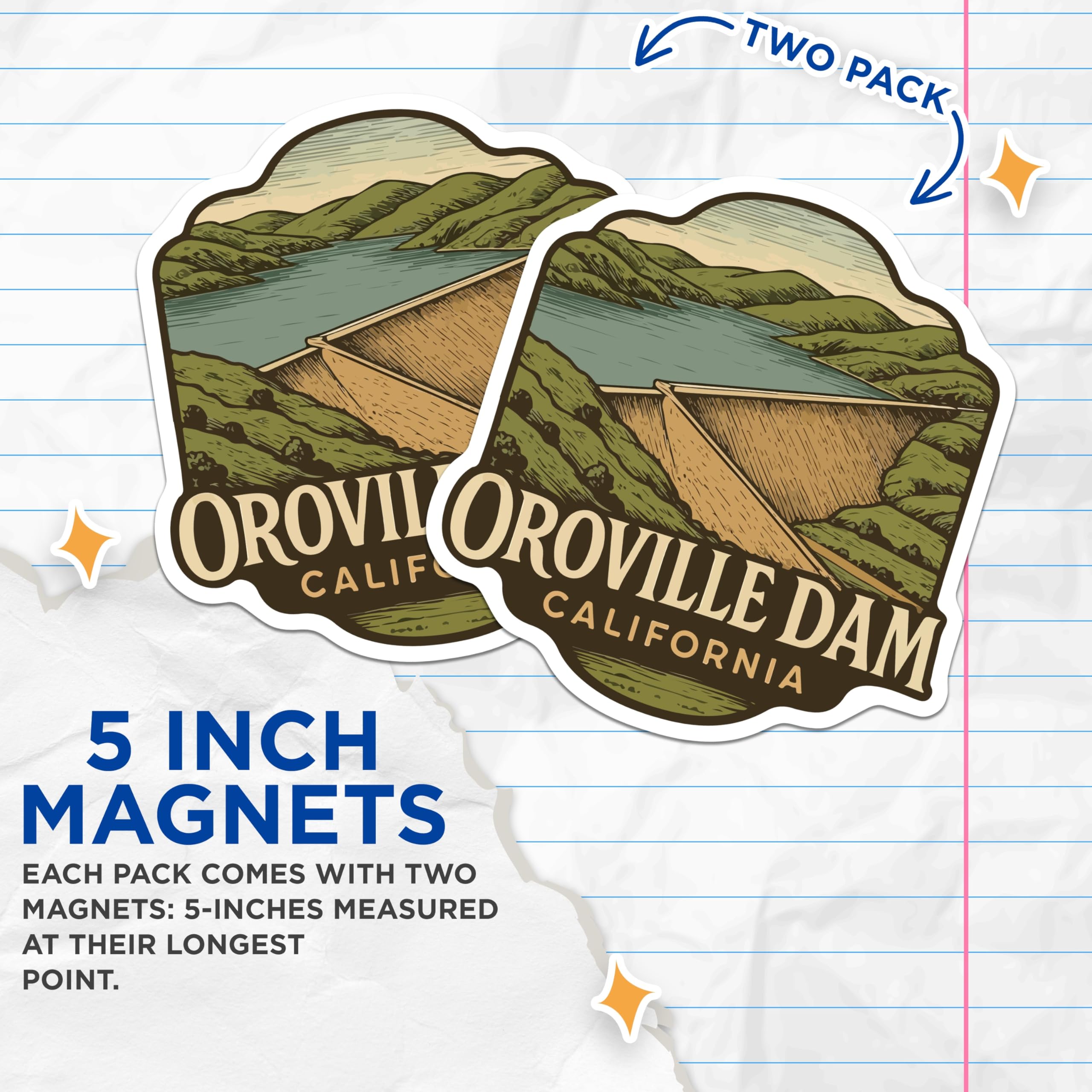 (2 Pack) Oroville Dam California Magnets - Vintage Travel Souvenir - Lake Reservoir Art - West Coast Destination - 5 Inches On Longest Side - Thick Durable Magnet - Made in USA - MAG19502