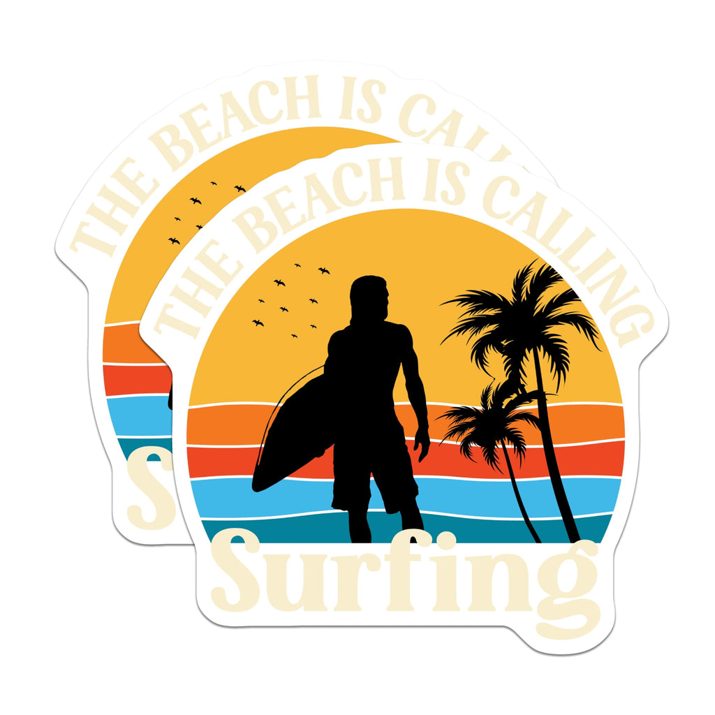 (2 Pack) Beach is Calling Surfing Stickers - Surfer Sunset Vibe - Ocean Life Adventure Decals - 5" On Longest Side - Sticks to Smooth Flat Surfaces - Made in USA - BMCS20917