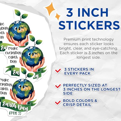 (3 Pack) Earth Day Decals - Laptop Decals - Environmental Awareness Sticker - 3 Inches On Longest Side - Easy Peel & Apply - Made in USA - 3MCS7203