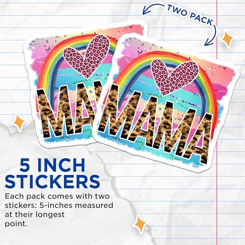 (2 Pack) Mama Leopard Print Stickers - Colorful Heart Stickers - Rainbow Stickers for Mom - 5" On Longest Side - Sticks to Smooth Flat Surfaces - Made in USA - BMCS5640