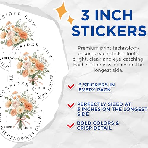 (3 Pack) Wildflower Bouquet Decals - Floral Laptop Decal - Botanical Bible Verse Stickers - 3 Inches On Longest Side - Easy Peel & Apply - Made in USA - 3MCS0084