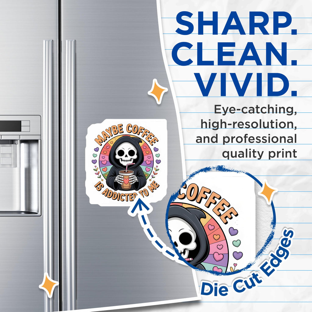 (2 Pack) Grim Reaper Coffee Magnets - Skeleton Caffeine Humor - Funny Fridge Decor - Spooky Cute Kitchen Accessory - 5 Inches On Longest Side - Thick Durable Magnet - Made in USA - MAG22002
