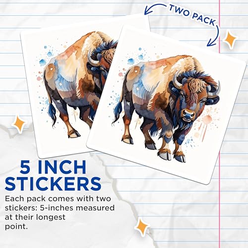 (2 Pack) Watercolor Bison Stickers - Animal Art - Nature Decor - 5" On Longest Side - Sticks to Smooth Flat Surfaces - Made in USA - BMCS8679 - Wildlife Illustration - Colorful Art