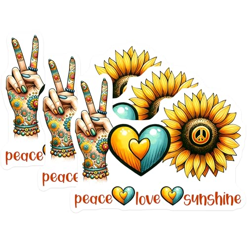 (3 Pack) Peace Love Decals - Sunflower Decals - Hippie Vibes - 3 Inches On Longest Side - Easy Peel & Apply - Made in USA - 3MCS6742