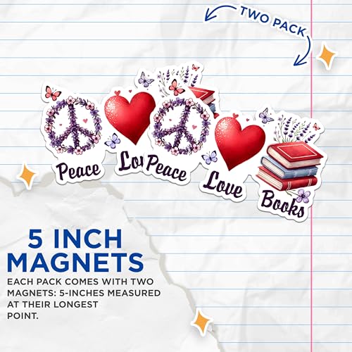 (2 Pack) Peace Love Books Magnets - Floral Peace Sign Magnets - Heart Love Magnets - Books Reading Enthusiast Magnets- 5" On Longest Side - for Fridges, Toolboxes, Cars - Made in USA - MAG2755