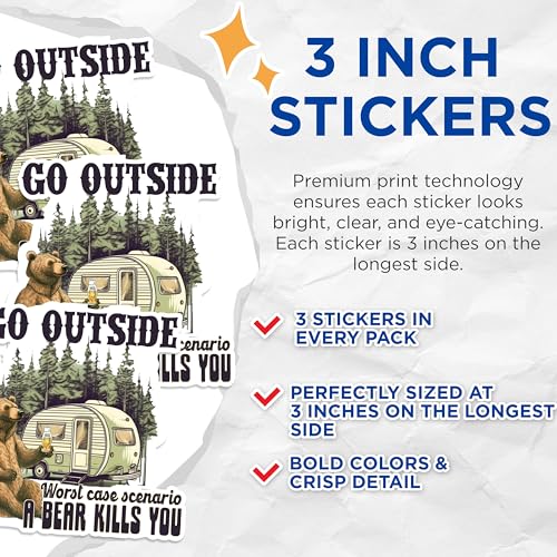 (3 Pack) Go Outside Decals - Camping Trailer - Funny Bear Laptop Decal - 3 Inches On Longest Side - Easy Peel & Apply - Made in USA - 3MCS1263