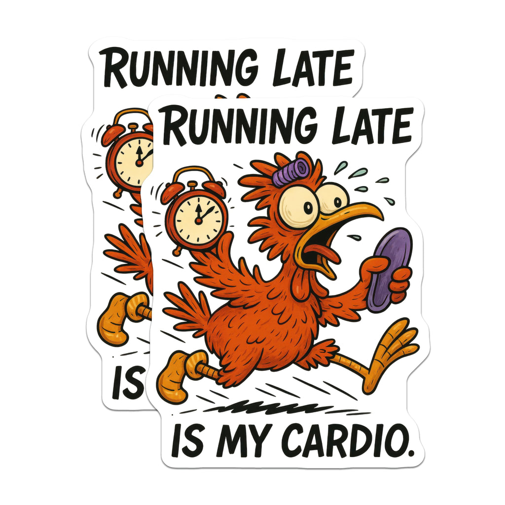 (2 Pack) Running Late Is My Cardio Magnets - Funny Chicken Art - Procrastination Life Quote - Humorous Kitchen Fridge Display - 5 Inches On Longest Side - Thick Durable Magnet - Made in USA - MAG20557