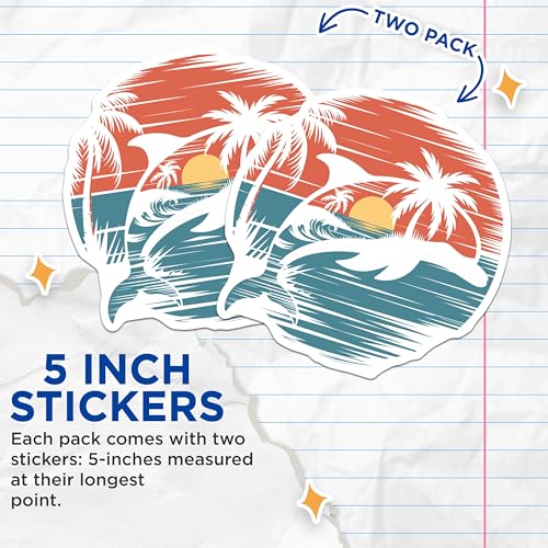 (2 Pack) Tropical Beach Dolphin Stickers - Ocean Sunset Stickers - Palm Tree Stickers - 5" On Longest Side - Sticks to Smooth Flat Surfaces - Made in USA - BMCS5264