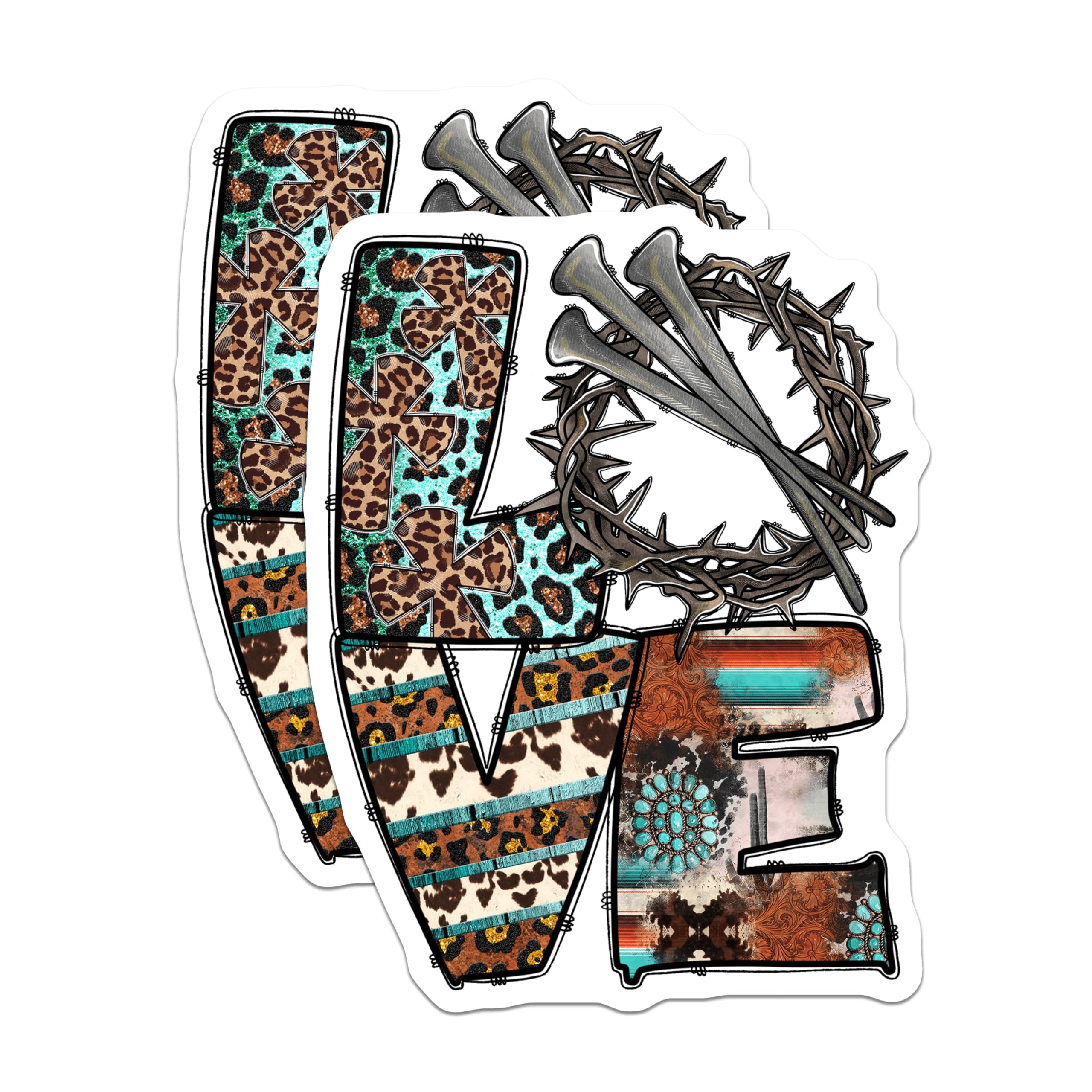 (2 Pack) Christian Love Magnets - Western Faith Decor - Crown of Thorns Cow Print Turquoise Magnets - 5 Inches On Longest Side - Thick Durable Magnet - Made in USA - MAG26521
