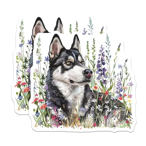 (2 Pack) Husky Dog Stickers - Cute Dog Art - Floral Dog Design - 5" On Longest Side - Sticks to Smooth Flat Surfaces - Made in USA - BMCS7077
