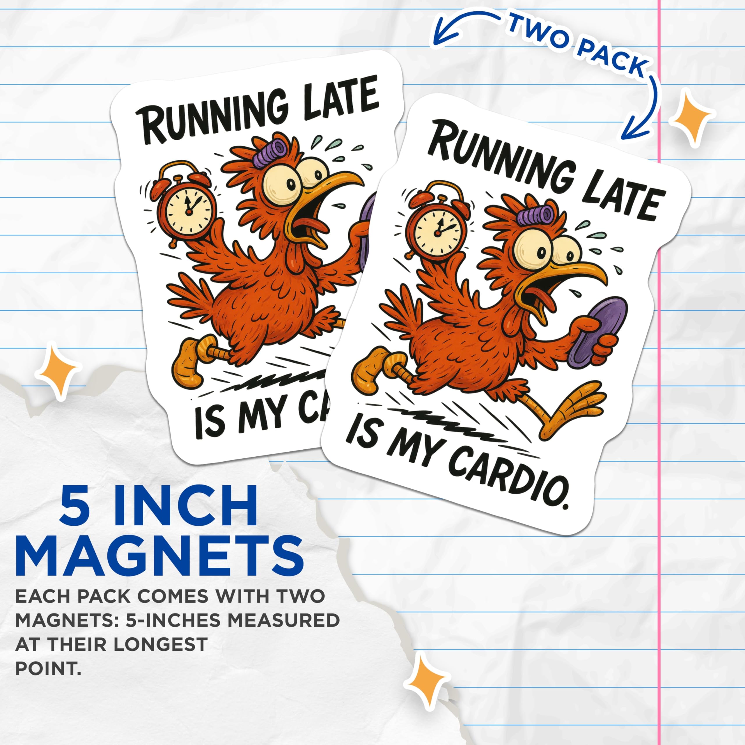 (2 Pack) Running Late Chicken Magnets - Funny Cardio Humor - Refrigerator Decor - 5 Inches On Longest Side - Thick Durable Magnet - Made in USA - MAG20375