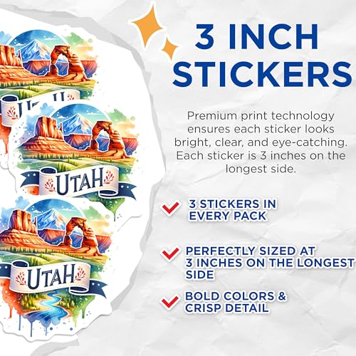 (3 Pack) Utah Decals - State Pride Decal - Landscape Stickers- 3 Inches On Longest Side - Easy Peel & Apply - Made in USA - 3MCS5707