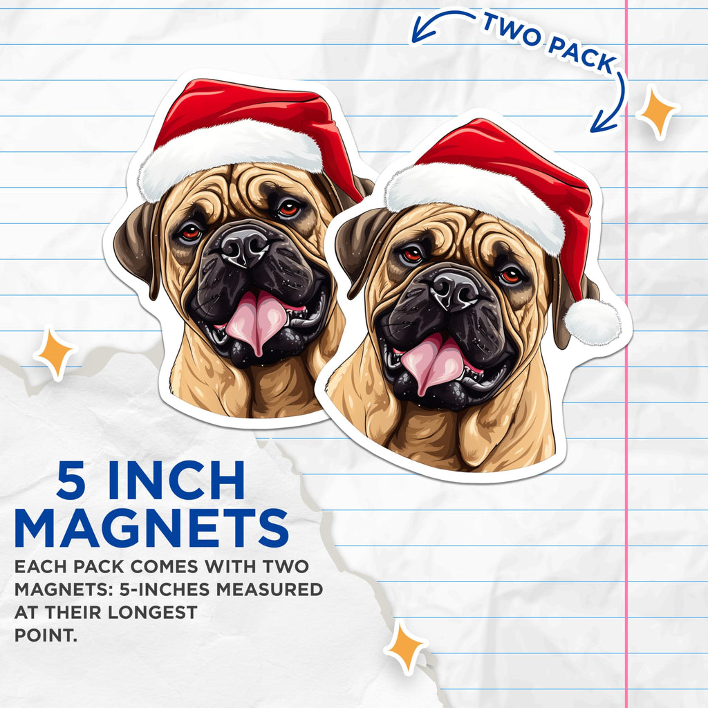 (2 Pack) Bullmastiff Christmas Magnets - Santa Hat Dog - Holiday Pet Decor - Refrigerator Accent - 5 Inches On Longest Side - Thick Durable Magnet - Made in USA - MAG29464