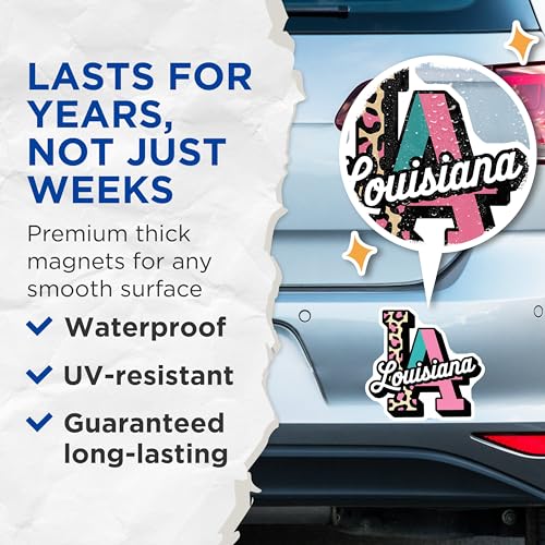 (2 Pack) Louisiana Magnets - Leopard Print - Cool State Magnet - Louisiana Themed - LA Letter Magnets - 5" On Longest Side - for Cars, Fridges, Toolboxes - Made in USA - MAG3904